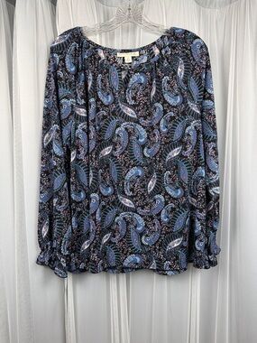Emaline Paisley Long-Sleeve Blouse in Navy and pink - Lightweight Women's Top XL